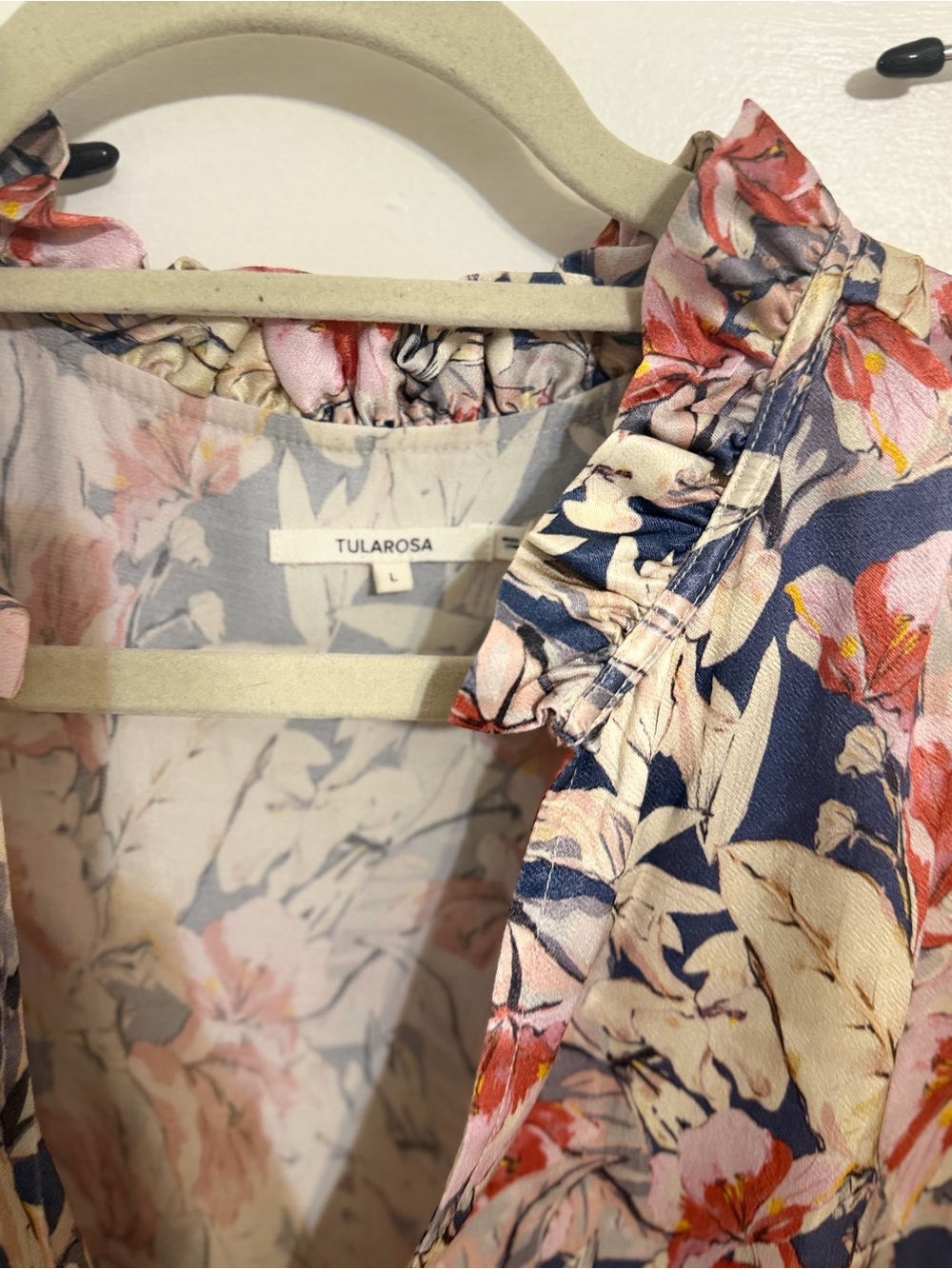 Tularosa Navy, Cream & Pink Floral Ruffle Tie-Neck Blouse - Picture 4 of 9